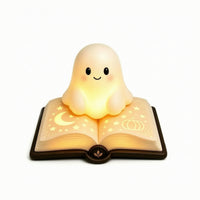 Ghost Lamp with Book Base Cute Ghost Night Light Spooky for Bedside Table, Kids