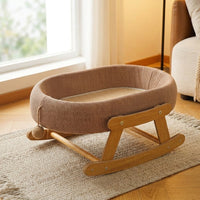 Cat Swing Rocking Bed with Scratching Board, Solid Wood Frame Indoor Cat Scratcher, Warm Winter Kitten Bed for Comfortable Resting and Play