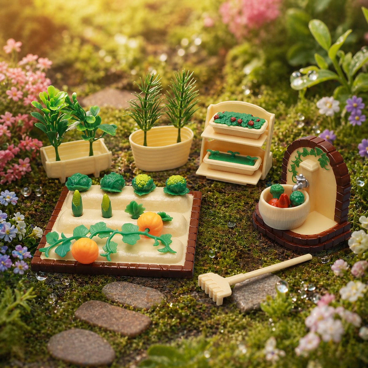 Toddler Toys Mini Garden Set, Childrens Garden Set 10.2x6.6x10cm, Girls Pretend Play Kit with Rake, Watering Can & Potted Plants