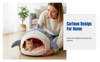 Shark-Shaped Pet Cave Semi-Enclosed Plush Shark Den All-Season Use Removable Washable Cushion for Cats, Small Dogs, Indoor, Home