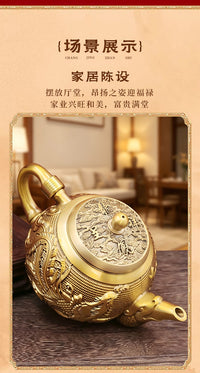 Brass Dragon and Phoenix Teapot with Relief Decoration, New Chinese Style
