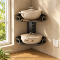 Wall-Mounted Corner Pot Rack, 2-Tier Carbon Steel Multi Tier Pot Rack, Adjustable Pot Organiser for Kitchen Storage, 32.8cm Width