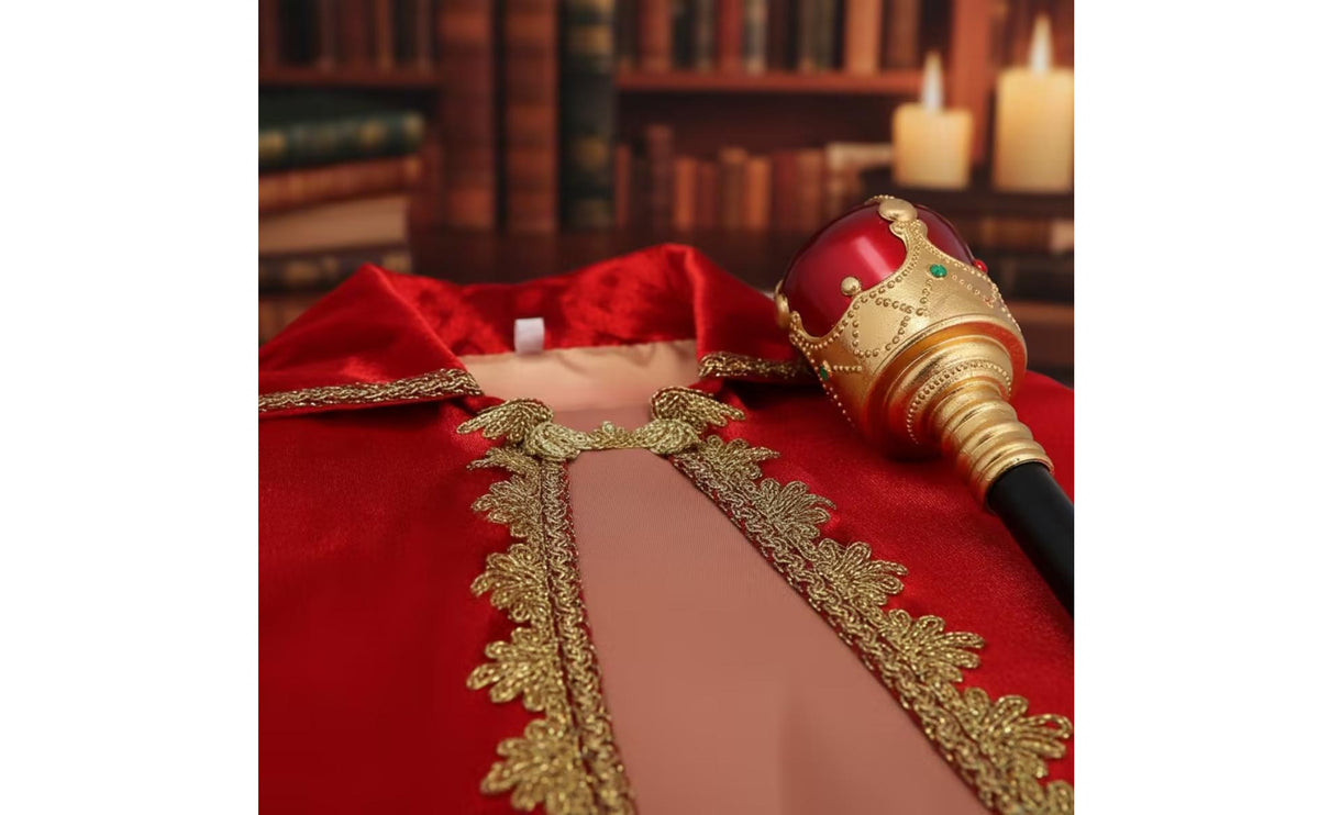 Costume Cloak with Standstanding King Cloak with Crown and Ornamental Rod Luxurious Apparel for Halloween