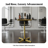 Golden Finish Wheeled Service Tray Rolling Wheels Adjustable Tray Stand Sturdy Construction Salon Equipment Easy to Clean for Hairstylists, Hair Stylists Artists, Barbershop, Beauty Spa, Medical Facility, Home Use