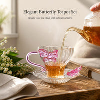 Pink Butterfly Transparent Glass Teacup with Handle and Saucer, Puer Tea Cup, Coffee Cup