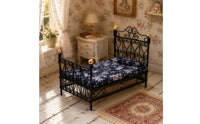 Dollhouse Bed with Mattress Wrought-Iron Style Miniature Double Bed Furniture Vintage Ornate for Doll Lovers