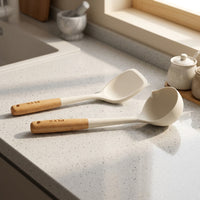 Utensil Holder with Rotating Stand and 7 Piece Cooking Utensils Set, Silicone Kitchen Utensils Set with Wooden Handles, Slotted Spoon
