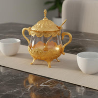 Moisture-Proof Ornate Gold Sugar Bowl Multifunctional Ornate Lidded Seasoning Jar Embossed Metalwork Vintage Glass Sugar Bowl Easy to Clean for Housewarming Gift, Dining Table, Wedding, Coffee Bar