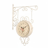Double Sided Wall Clock Floral Dial Vintage Station Clock Quiet Movement House Decoration for Hallway, Patio