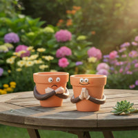 2 Pieces Cartoon Face Flower Pot Set Decorative Ornament Cute Character Planter Pair Small Resin Pot Set for Windowsill, Office