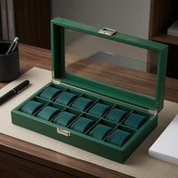 12 Slot Watch Storage Box Velvet-Lined Watch Organizer Box Leather-Covered Cushioned Slots