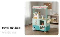 Ice Cream Shop Playset Realistic Design Wooden Ice Cream Cart With Accessories Kids Dessert Trolley for Preschoolers, Boys, Playroom, Daycare, Nursery