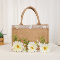Textured Tote Bag with Floral Decoration Lightweight Tote Bag with Lace Trim Rustic Portable for Brides