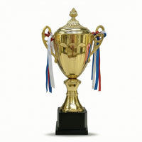 Trophy with Lid Gold-Colored Trophy with Ribbons Award Cup Polished Lidded for Winners, Ceremonies, Contests
