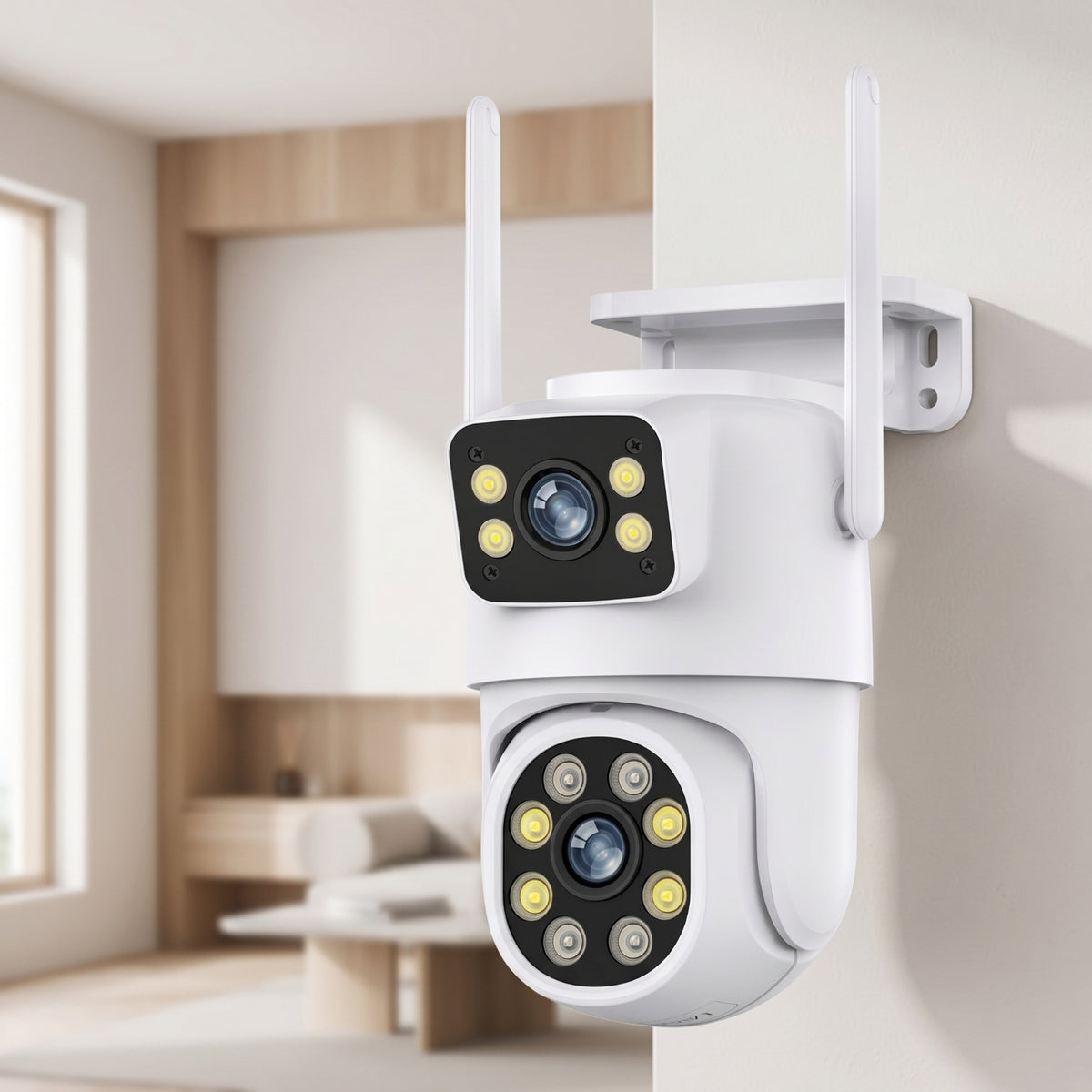 Wireless Dual Lens Camera with Antennas Motion Detection Outdoor Camera with Wall Mount Multi-User for Homeowners
