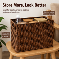 Woven Storage Baskets, Rectangular Wicker Basket with Cut-Out Handles, Tan Synthetic Rattan for Living Room & Cupboard Organiser