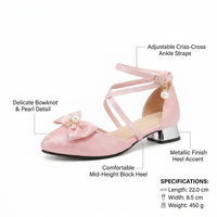 Womens Low Block Heel Sandals, Comfortable PU Leather Ballet Flats with Bow and Pearl Embellishment, Ladies Ankle Strap Shoes for Casual Wear