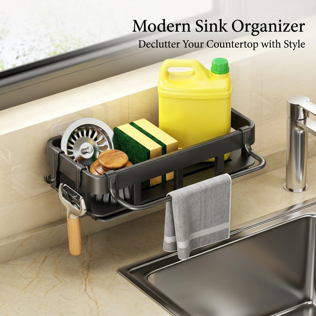 Bathroom Sink and Faucet Rack, Carbon Steel Over the Dish Drying with Hanging Towel Bar, No-Drill Drain Basket for Students