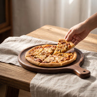 Wooden Serving Board with Handle Rustic Serving Platter Board with Handle Handcrafted Round Pizza Peel for Table Service