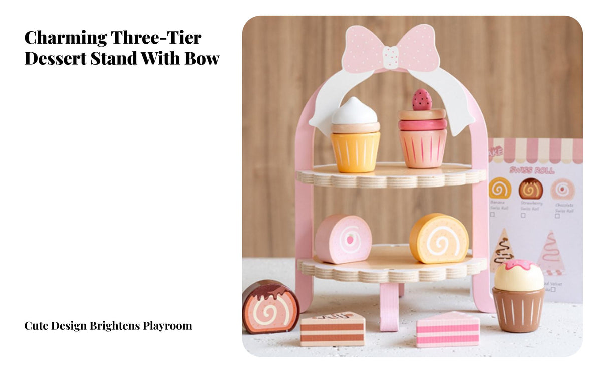 Promotes Interactive Play Pretend Afternoon Tea Set Solid Wood Construction Afternoon Tea Playset Develops Social Skills Wooden Dessert Stand Playset Realistic Design for Preschoolers, Toddlers, Playhouse