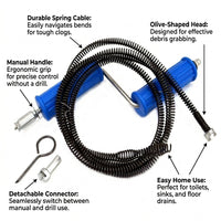 Hair removal drain auger, snake electric cleaner for toilet, heavy duty pipe unclogger tool, homeowners 0.5 meter spring