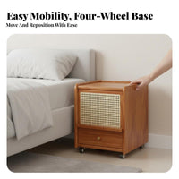 Mobile with Wheels Rattan Nightstand Narrow Design Rolling Rattan-Front Cabinet Small Footprint Bedroom Furniture Solid Wood Legs for Apartment Dwellers, Homeowners, Students, Dorm Room, Hallway, Away Ice