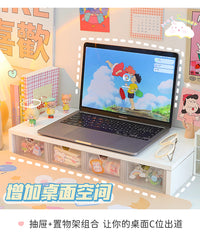 桌面电脑增高架支架带抽屉桌上书桌办公桌架子显示器笔记本置物架 双层款双格+透明收纳盒2个 1层 11.8x18.4cm