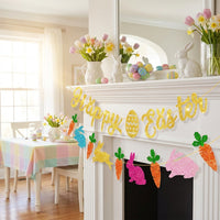 Easter Bunny & Carrot Garland, Happy Easter Garland Glittery Glitter Easter Bunny Banner Easy to Hang Bunny and Egg Banner for Families, Teachers, Home, Mantelpiece, Classroom