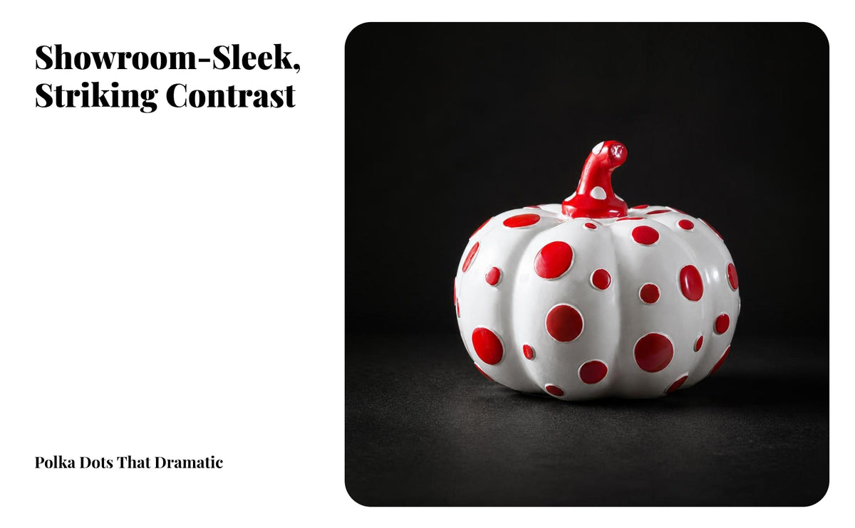 Halloween Pumpkin Figurine | Flat Base for Tabletop Display, Playful Polka Dot Design, Resin Pumpkin, Garden