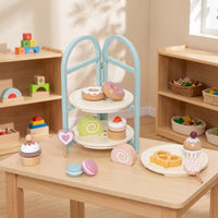 Toy Dessert Stand with Pretend Desserts Three-Tier Dessert Stand with Sweets Rounded Edges Wooden Pretend Desserts Set for Classroom