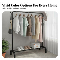 Easy Assembly Freestanding Clothes Organizer Large Capacity Double Rod Clothing Rack Multi-Functional Heavy Duty Metal Garment Rack 360° Swivel Wheels for Homeowners, Students, Renters, Balcony, Laundry Room, Entryway, Basement