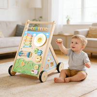 Wooden Infant Push Cart Develops Fine Motor Skills Multifunctional Activity Push Cart 8-in-1 Activities Wooden Push Toy for Young Children, Infants