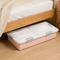 Under Bed Clothes Storage Box with Wheels, 81x40x17.5cm Clear PP Container, Double Opening Lid for Bedroom Organiser