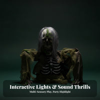 Halloween Decor Long Gray Hair Glowing Eyes Motion Sound Zombie Skeleton for Home Display