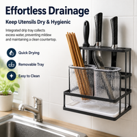 Kitchen Utensil Organizer, Wall Mounted Utensil Holder with Drain, Integrated Knife Block & Cutlery Holder, No-Drill Kitchen Storage Rack