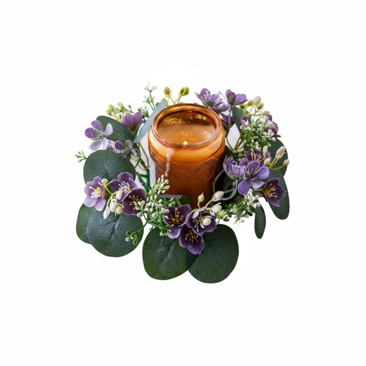 Tabletop Eucalyptus Wreath Circular Arrangement Violet Blossoms Artificial Eucalyptus Wreath Realistic Look Circular Garland Lightweight for Table Display