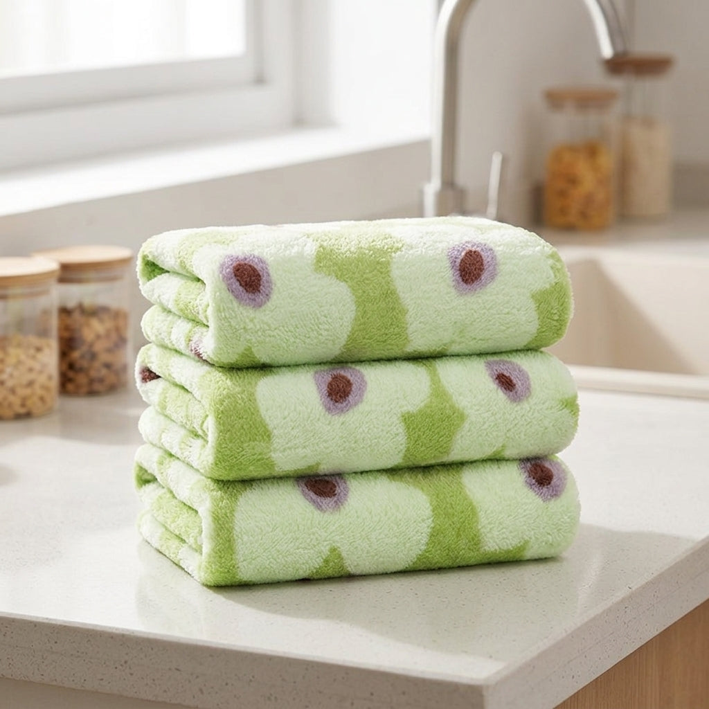 30cm Microfibre Cloth 4 Pack, Printed Avocado Green Cleaning Cloths, Soft Coral Fleece Cloths for Kitchen, Bathroom and Dish-Washing