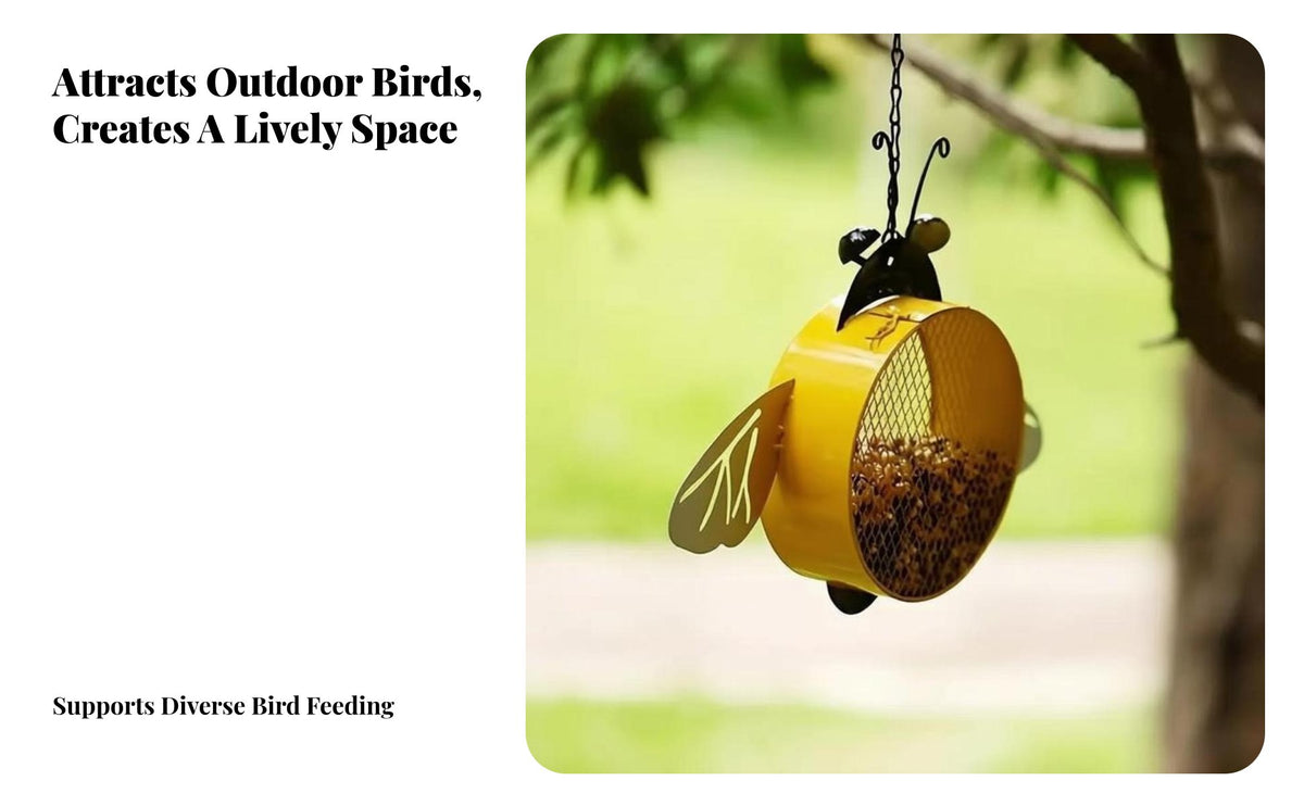 Bee Shaped Bird Feeder Attracts Various Birds Hanging Metal Bee Feeder Weather Resistant Wrought Iron Holder for Gardeners, Yard, Patio, Balcony