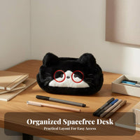 Embroidered Feline Face Bag Cute Design Cute Feline Zippered Pouch Large Capacity Soft Animal Pen Holder for Students, Girls