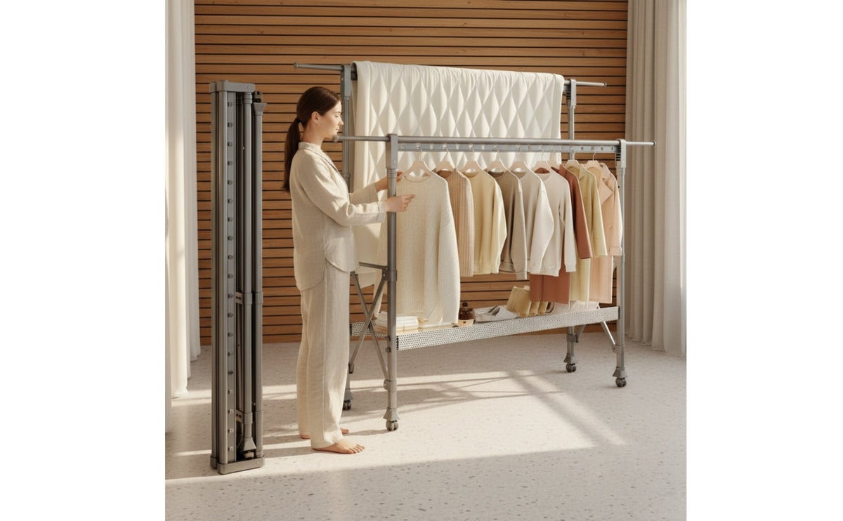 Installation-No-Installation Foldable Clothes Drying Rack Extendable Rods Adjustable Clothes Horse Large Capacity Rolling Garment Rack Heavy Duty for Students, Balcony, Bedroom, Dorm Room