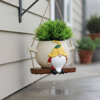Creative Design Swinging Dwarf Flower Pot Weather Resistant Gnome Swing Planter Whimsical Decoration Resin Gnome Statue Planter for Patio, Yard, Balcony