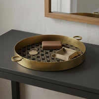 Antique Bronze Round Decorative Tray Raised Rim Woven Tray Side Handles House Decoration Geometric Pattern