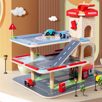 3 Level Car Garage Interactive Toy Vehicle Ramp Toy with Elevator Wooden Parking Center for Children, Young Children, Playroom, Nursery