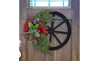 Outdoor Pinecone Wreath with Plaid Bow Rustic Wagon Wheel Wreath Farmhouse Design Christmas Wagon Wheel Decor Evergreen Cones for Entryway, Courtyard