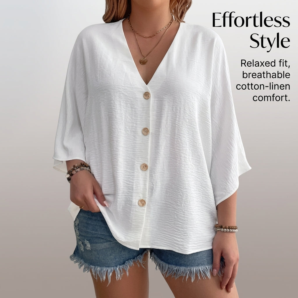 Plus Size Linen Shirt Women with Batwing Long Sleeve Design, Ladies and Blouses in Loose Fit for Business Casual Office Wear