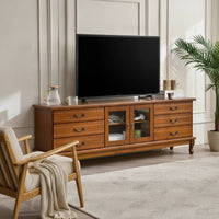 TV Cabinet with Glass Doors Sturdy TV Stand with Glass Doors Three-Tier Wooden Entertainment Center for Living Room, Small Apartment