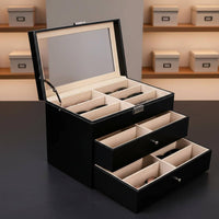 PU Leather Eyewear Storage Box Large Capacity Leather Eyewear Display Case 3-Tier Glasses Display Case Clear View Lid for Women