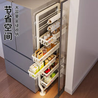 Refrigerator Side Storage Rack with Dual Pull Baskets, Wall-Mounted, Narrow Gap, Multi-Layer Organizer