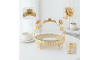 Decorative Fruit Basket with Glass Base Ornate Tabletop Basket with Handle Gold-Toned Holder Vintage-Style for Home Decorators, Hosts, Dining Table, Living Room