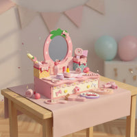 Kids Makeup Vanity Set Wooden Dressing Table Child Design Princess Pretend Makeup Table for Young Children, Playroom